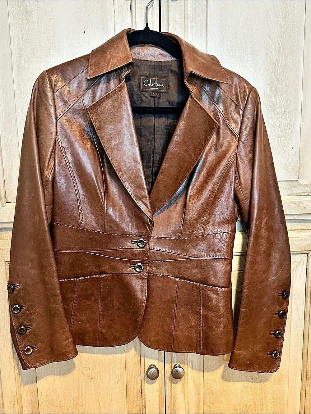 Cole Haan Brown Lambskin Leather Blazer Size 2 Like New